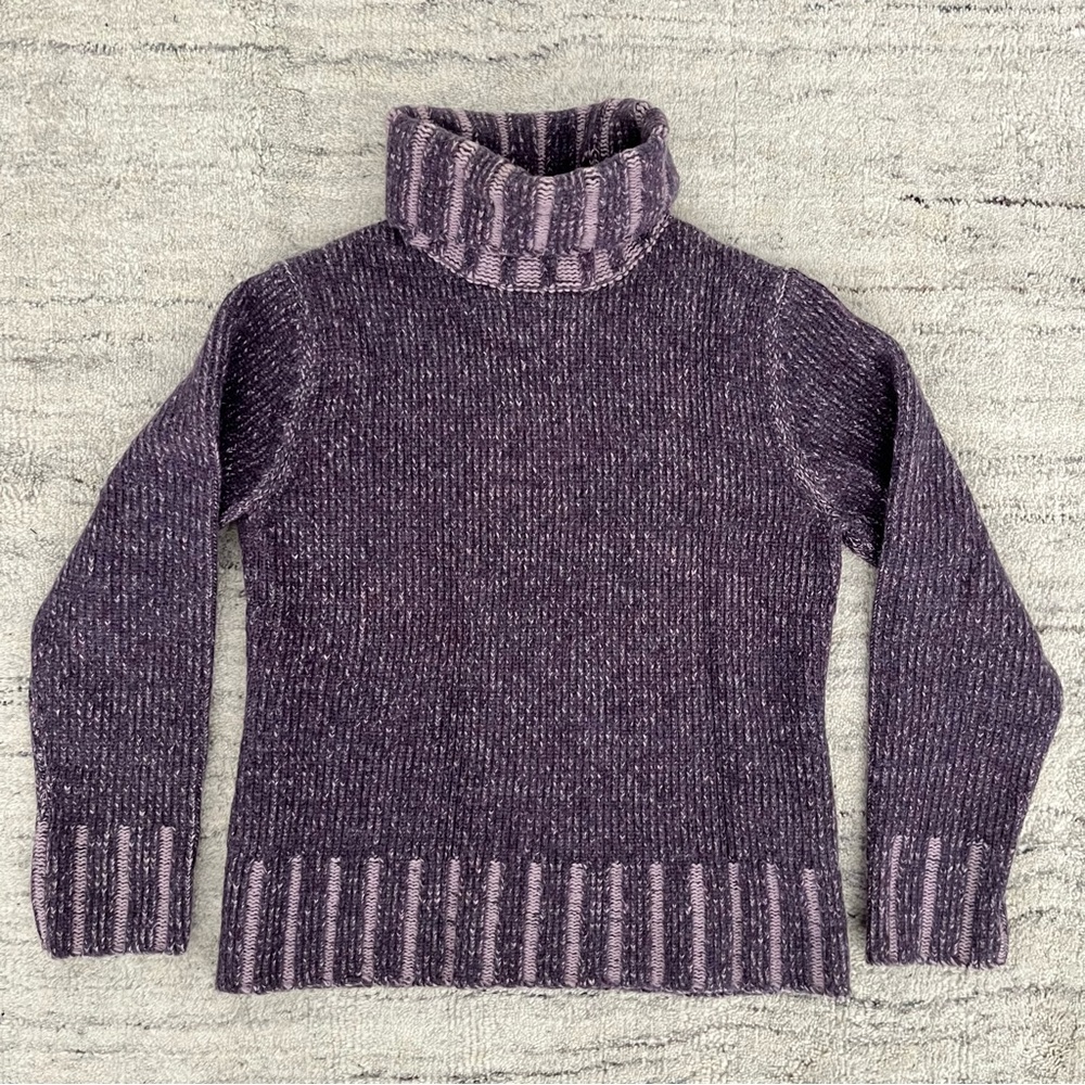 Paraphrase Women's 100% Wool Turtleneck Sweater Heather Purple Striped Trim, XS
